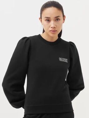 Ganni Software Isoli Puff Sleeve Logo Sweatshirt Black Size M